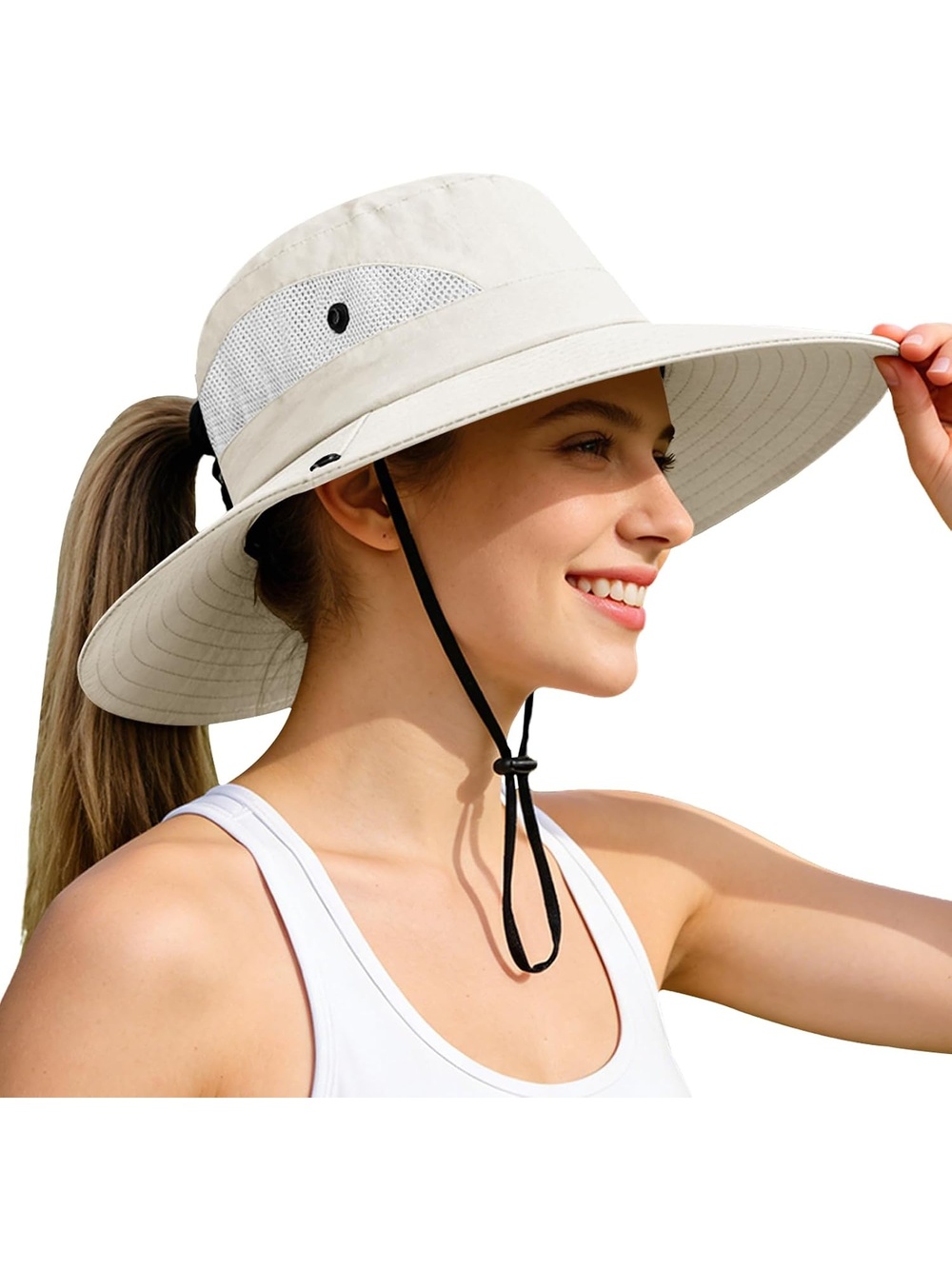 Women's Cream Wide Brim Foldable Ponytail Mesh Safari Chin Fishing Strap Hat